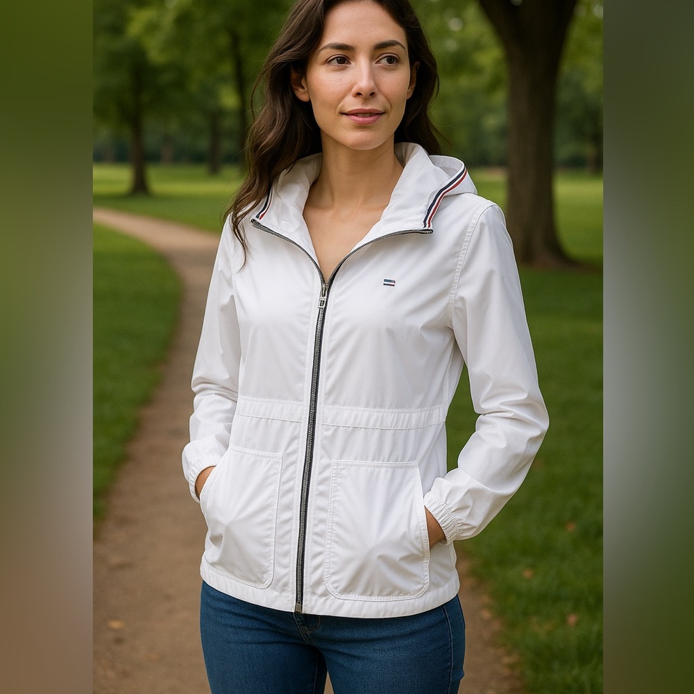 Tommy Hilfiger White Hooded Windbreaker Jacket Size Small Lightweight zip